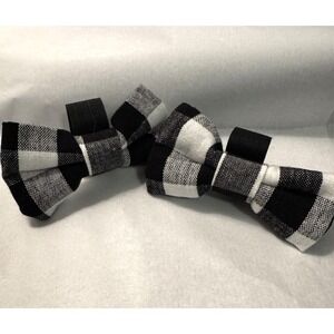 2 Black and White Plaid Dog Bow Tie Attach to Collar Hook and Loop Cotton